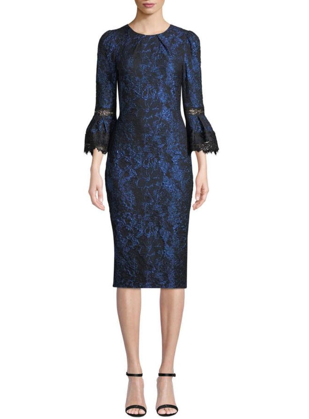 Theia Tulip-Sleeve Brocade Dress Womens S Blue Sheath Knee-Length Bell Sleeve